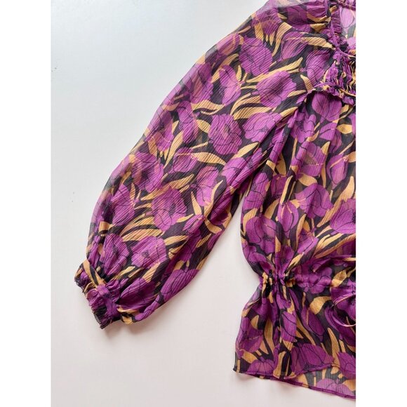 JOIE Asseline Purple Floral Print Crinkle Silk Peplum Tie Blouse Top, Size XS - Picture 5 of 9